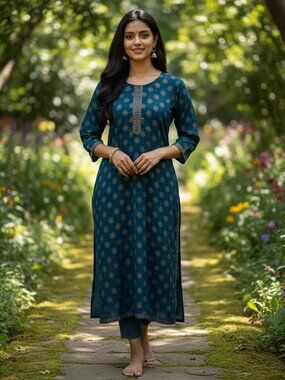 Teal Gold Block Print Kurta Tunic Ethnic